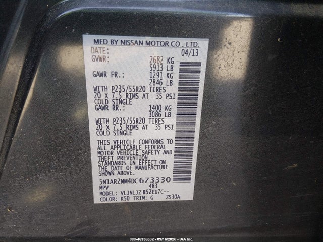 2013 Nissan Pathfinder Platinum მანქანა იყიდება აუქციონზე, vin: 5N1AR2MM4DC673330, აუქციონის ნომერი: 46136302