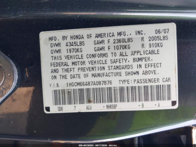 Aukcja sprzedaży 2007 Honda Accord 3.0 Se, vin: 1HGCM66487A087876, numer aukcji: 46136303