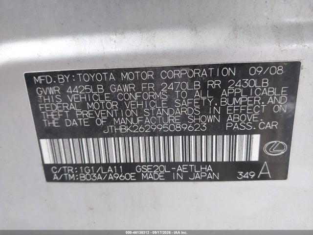 Aukcja sprzedaży 2009 Lexus Is 250, vin: JTHBK262995089623, numer aukcji: 46136312