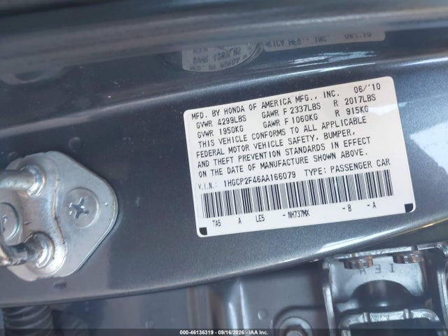 46136319 :رقم المزاد ، 1HGCP2F46AA166079 vin ، 2010 Honda Accord 2.4 Lx-p مزاد بيع