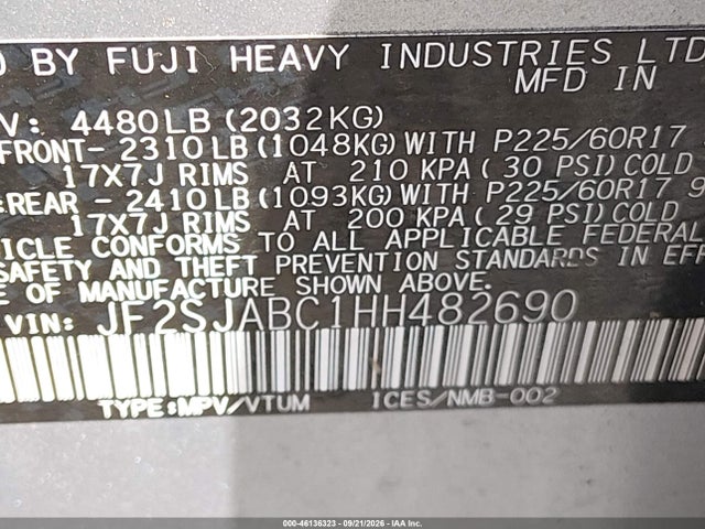2017 Subaru Forester 2.5i მანქანა იყიდება აუქციონზე, vin: JF2SJABC1HH482690, აუქციონის ნომერი: 46136323