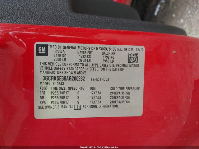 46136325 :رقم المزاد ، 3GCRKSE38AG200282 vin ، 2010 Chevrolet Silverado 1500 Lt مزاد بيع