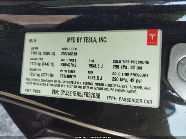 5YJ3E1EA5JF037036 Tesla Model 3 Long Range/mid Range
