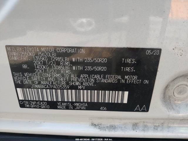 46136346 :رقم المزاد ، JTMABACA7PA025359 vin ، 2023 Toyota Bz4x Limited مزاد بيع