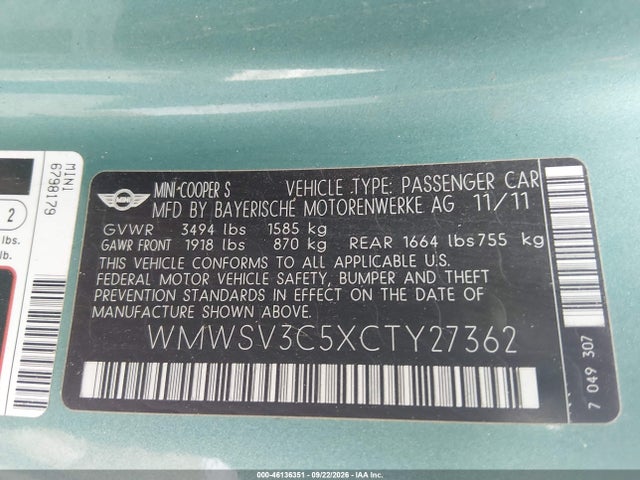 Продаж на аукціоні авто 2012 Mini Cooper S, vin: WMWSV3C5XCTY27362, номер лоту: 46136351