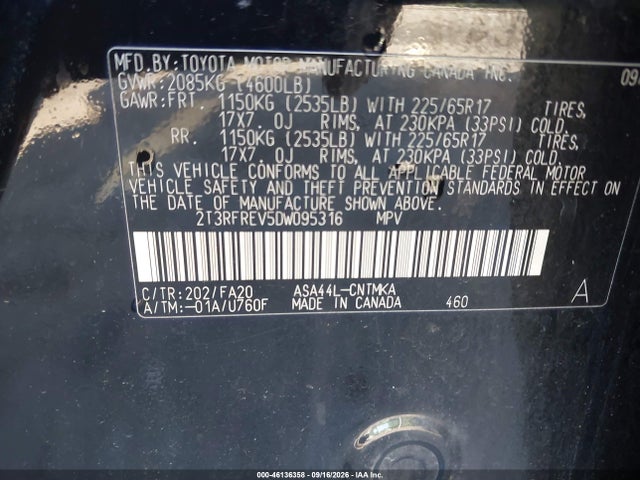 2013 Toyota Rav4 Xle მანქანა იყიდება აუქციონზე, vin: 2T3RFREV5DW095316, აუქციონის ნომერი: 46136358