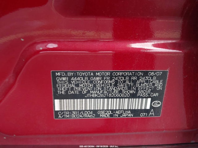 46136364 :رقم المزاد ، JTHBK262182060620 vin ، 2008 Lexus Is 250 مزاد بيع