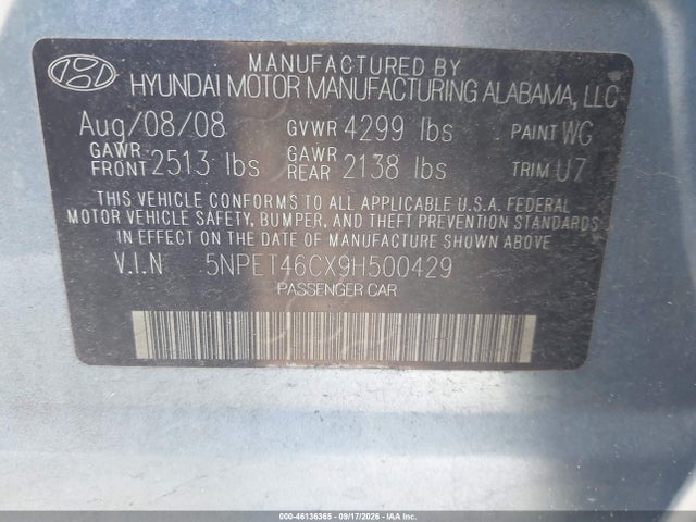 Продаж на аукціоні авто 2009 Hyundai Sonata Gls, vin: 5NPET46CX9H500429, номер лоту: 46136365