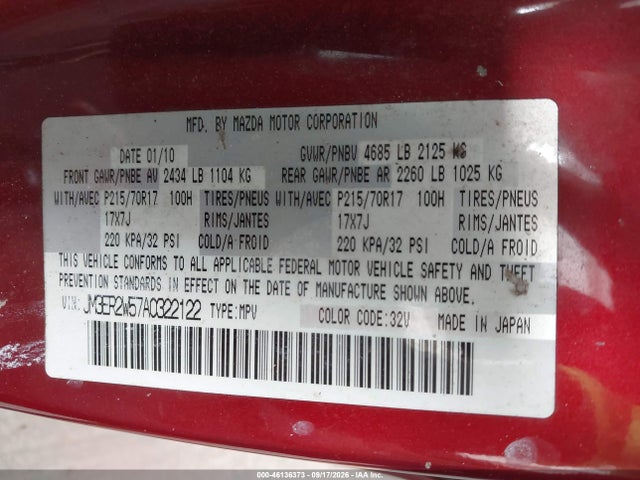 46136373 :رقم المزاد ، JM3ER2W57A0322122 vin ، 2010 Mazda Cx-7 I Sv مزاد بيع