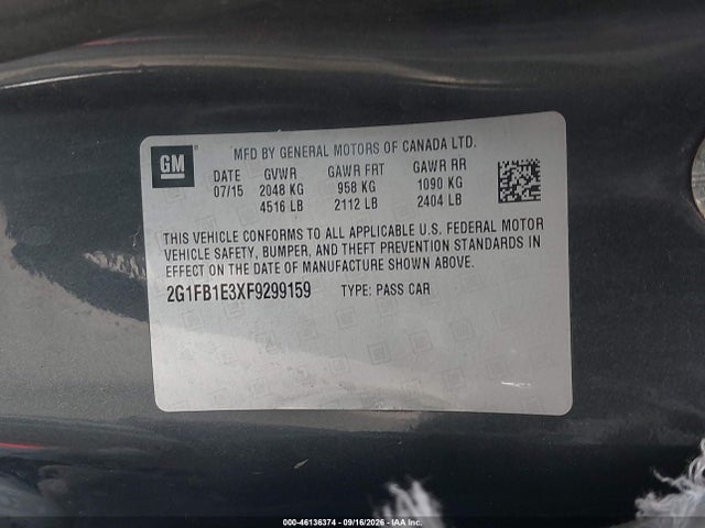46136374 :رقم المزاد ، 2G1FB1E3XF9299159 vin ، 2015 Chevrolet Camaro 2ls مزاد بيع