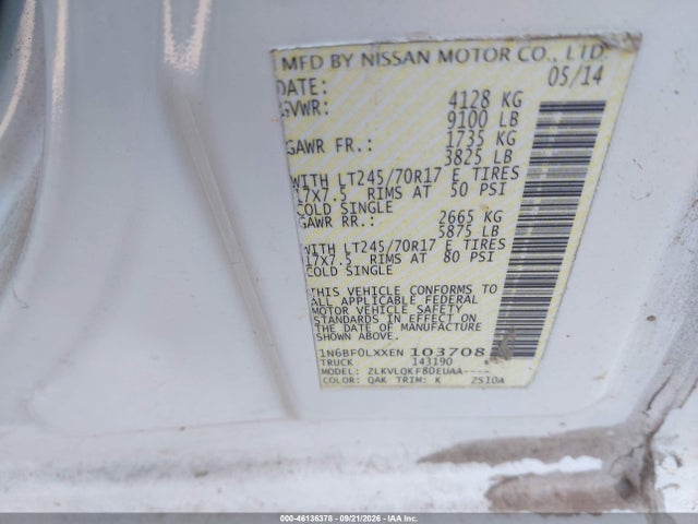 2014 Nissan Nv Cargo Nv2500 Hd S V6 მანქანა იყიდება აუქციონზე, vin: 1N6BF0LXXEN103708, აუქციონის ნომერი: 46136378