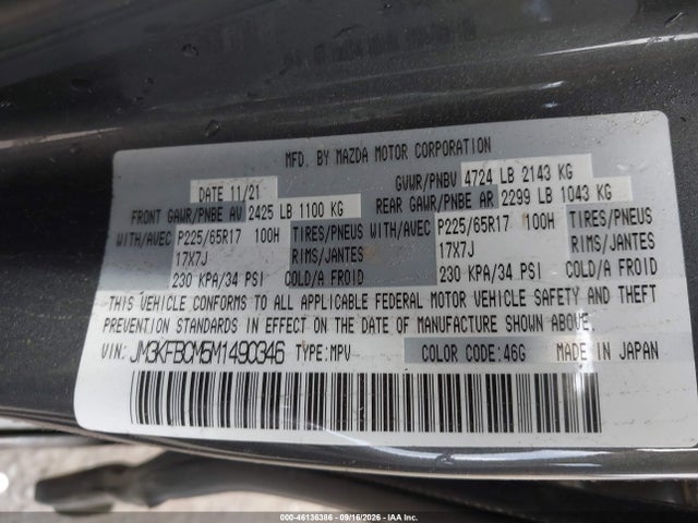 46136386 :رقم المزاد ، JM3KFBCM5M1490346 vin ، 2021 Mazda Cx-5 Touring مزاد بيع