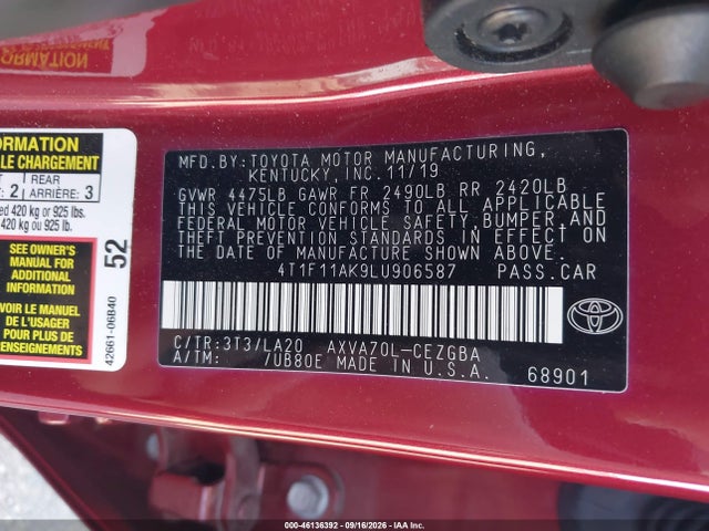 Aukcja sprzedaży 2020 Toyota Camry Xle, vin: 4T1F11AK9LU906587, numer aukcji: 46136392