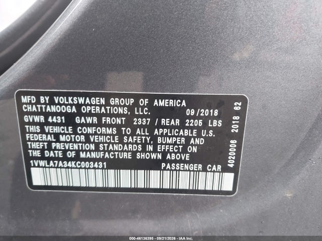 46136395 :رقم المزاد ، 1VWLA7A34KC003431 vin ، 2019 Volkswagen Passat 2.0t Wolfsburg Edition مزاد بيع