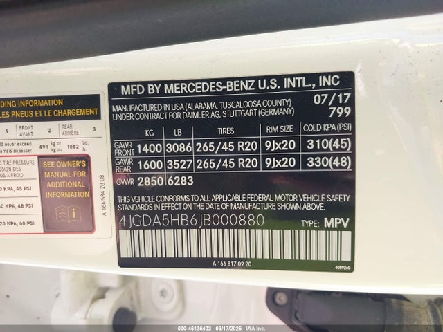 46136402 :رقم المزاد ، 4JGDA5HB6JB000880 vin ، 2018 Mercedes-benz Gle 350 4matic مزاد بيع