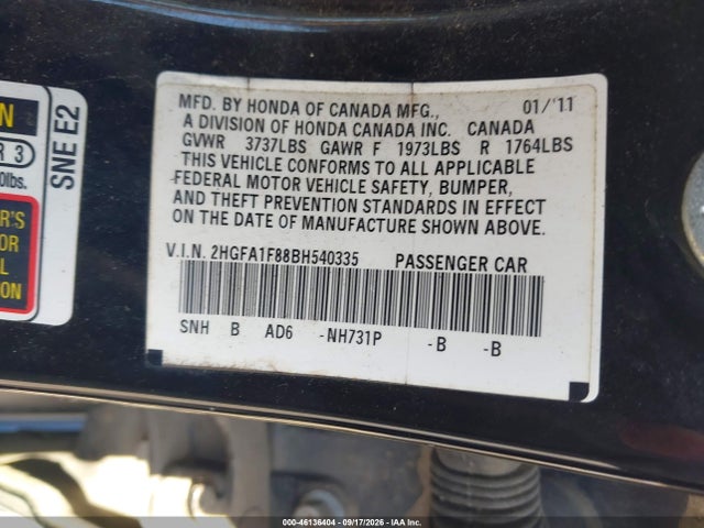46136404 :رقم المزاد ، 2HGFA1F88BH540335 vin ، 2011 Honda Civic Ex مزاد بيع