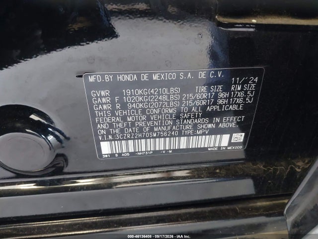 Продажа на аукционе авто 2025 Honda Hr-v Awd Ex-l, vin: 3CZRZ2H70SM756240, номер лота: 46136408