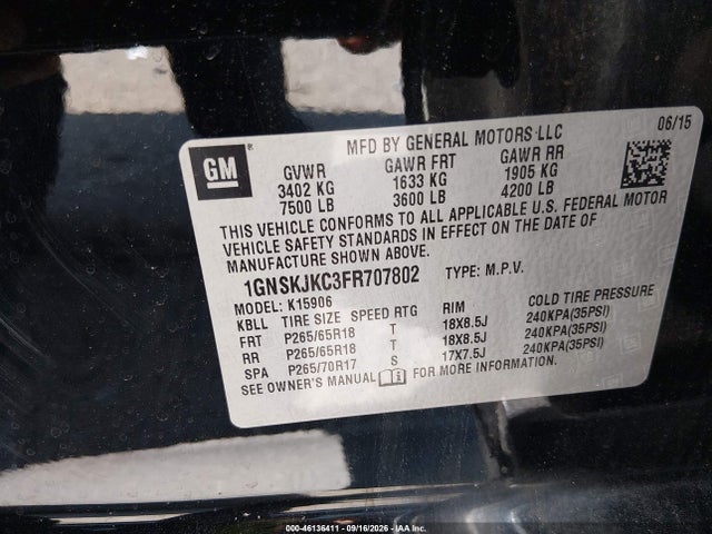 Продаж на аукціоні авто 2015 Chevrolet Suburban 1500 Lt, vin: 1GNSKJKC3FR707802, номер лоту: 46136411