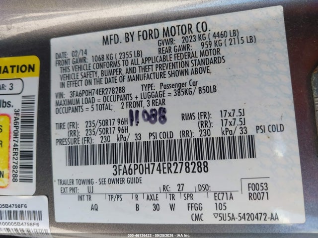 Продажа на аукционе авто 2014 Ford Fusion Se, vin: 3FA6P0H74ER278288, номер лота: 46136422