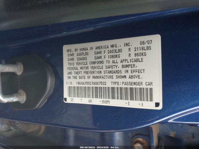 Aukcja sprzedaży 2007 Acura Tl Type S, vin: 19UUA75527A047502, numer aukcji: 46136424