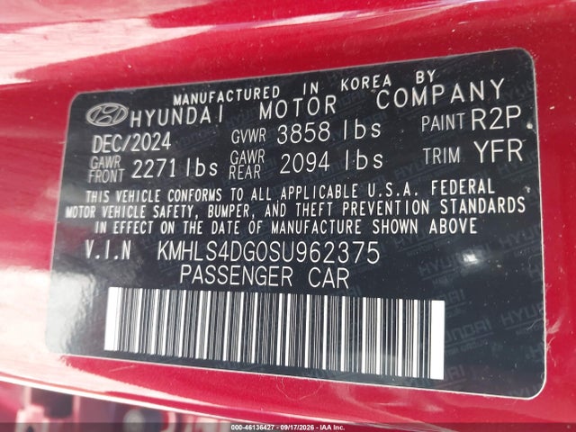 46136427 :رقم المزاد ، KMHLS4DG0SU962375 vin ، 2025 Hyundai Elantra Sel Convenience مزاد بيع