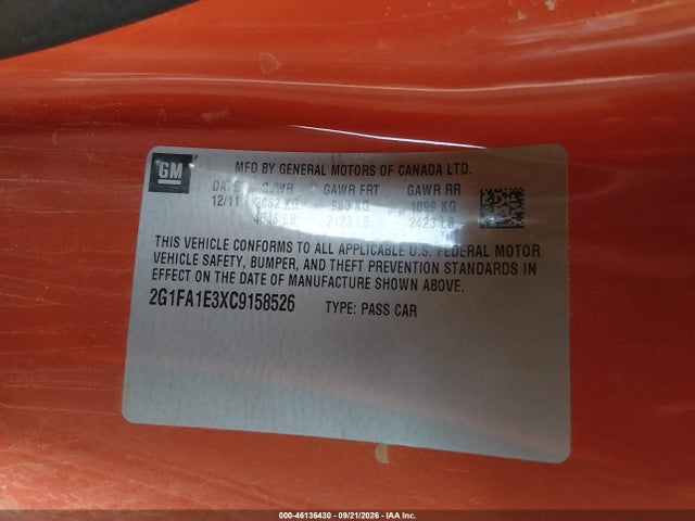 46136430 :رقم المزاد ، 2G1FA1E3XC9158526 vin ، 2012 Chevrolet Camaro 2ls مزاد بيع