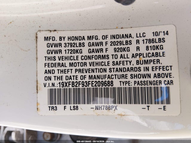 46136445 :رقم المزاد ، 19XFB2F93FE209688 vin ، 2015 Honda Civic Ex-l مزاد بيع