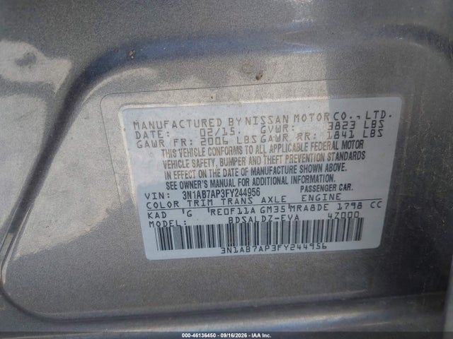 2015 Nissan Sentra Sv მანქანა იყიდება აუქციონზე, vin: 3N1AB7AP3FY244956, აუქციონის ნომერი: 46136450