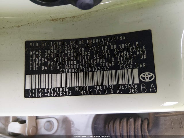 46136467 :رقم المزاد ، 5YFBURHE4EP132712 vin ، 2014 Toyota Corolla Le مزاد بيع