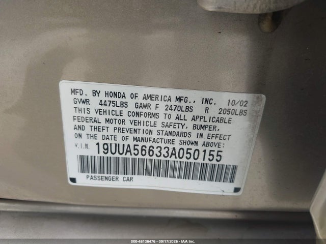 2003 Acura Tl 3.2 მანქანა იყიდება აუქციონზე, vin: 19UUA56633A050155, აუქციონის ნომერი: 46136476