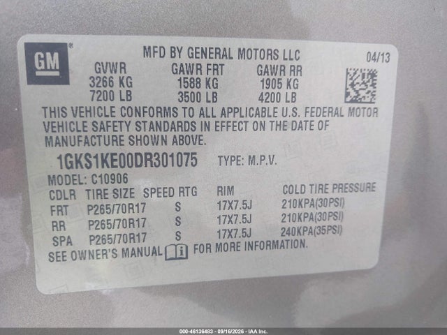 Aukcja sprzedaży 2013 Gmc Yukon Xl 1500 Slt, vin: 1GKS1KE00DR301075, numer aukcji: 46136483