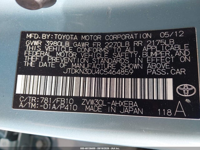 Aukcja sprzedaży 2012 Toyota Prius Two, vin: JTDKN3DU4C5464859, numer aukcji: 46136489