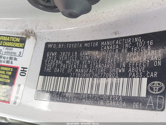 Продаж на аукціоні авто 2017 Toyota Corolla Se, vin: 2T1BURHE2HC770803, номер лоту: 46136493