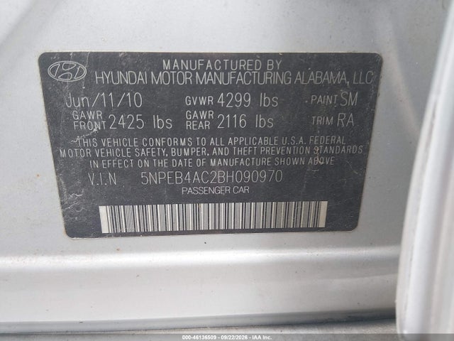 2011 Hyundai Sonata Gls მანქანა იყიდება აუქციონზე, vin: 5NPEB4AC2BH090970, აუქციონის ნომერი: 46136509