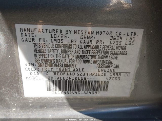 46136512 :رقم المزاد ، 3N1CN8DV4SL884097 vin ، 2025 Nissan Versa 1.6 S مزاد بيع