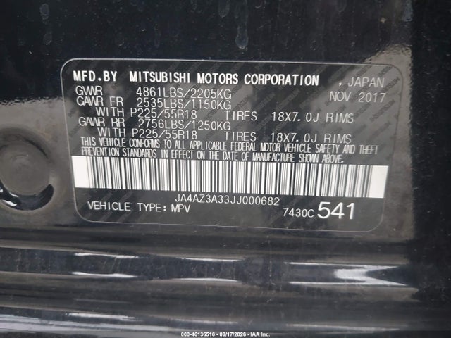 46136516 :رقم المزاد ، JA4AZ3A33JJ000682 vin ، 2018 Mitsubishi Outlander Es مزاد بيع