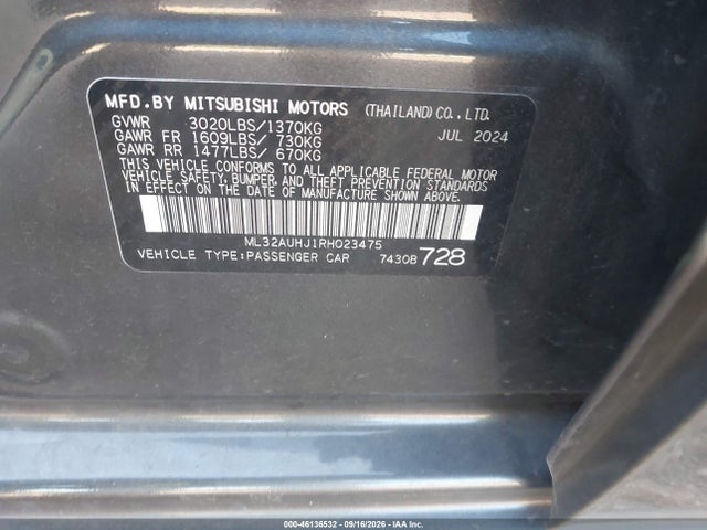 Продажа на аукционе авто 2024 Mitsubishi Mirage Es/le, vin: ML32AUHJ1RH023475, номер лота: 46136532