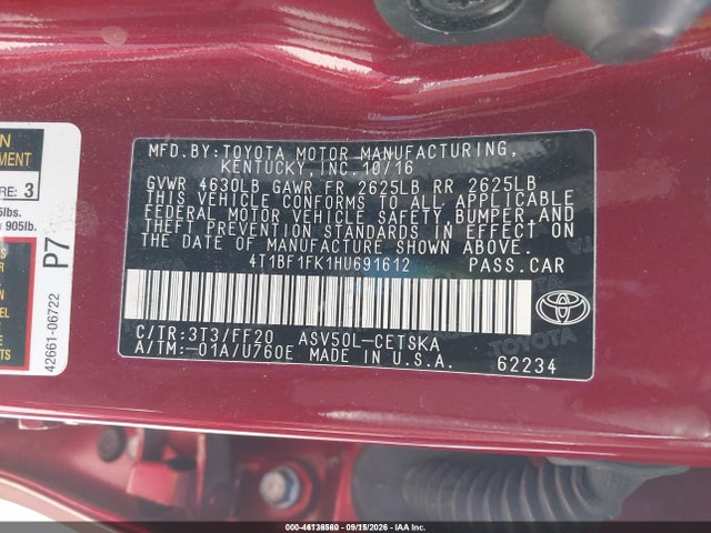 Aukcja sprzedaży 2017 Toyota Camry Se, vin: 4T1BF1FK1HU691612, numer aukcji: 46136560