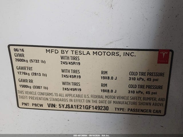 Продажа на аукционе авто 2016 Tesla Model S 60d/70d/75d/85d/90d, vin: 5YJSA1E21GF149230, номер лота: 46136564