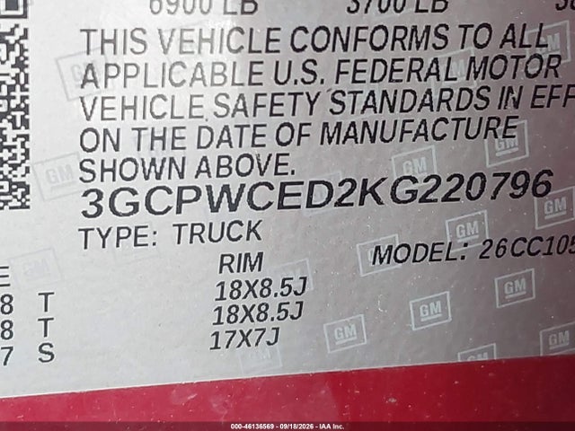 Продажа на аукционе авто 2019 Chevrolet Silverado 1500 Lt, vin: 3GCPWCED2KG220796, номер лота: 46136569