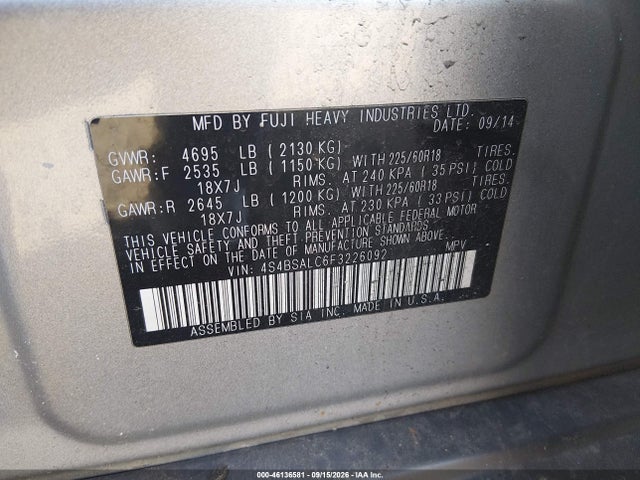 Продаж на аукціоні авто 2015 Subaru Outback 2.5i Limited, vin: 4S4BSALC6F3226092, номер лоту: 46136581