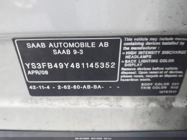46136590 :رقم المزاد ، YS3FB49Y481145352 vin ، 2008 Saab 9-3 2.0t مزاد بيع