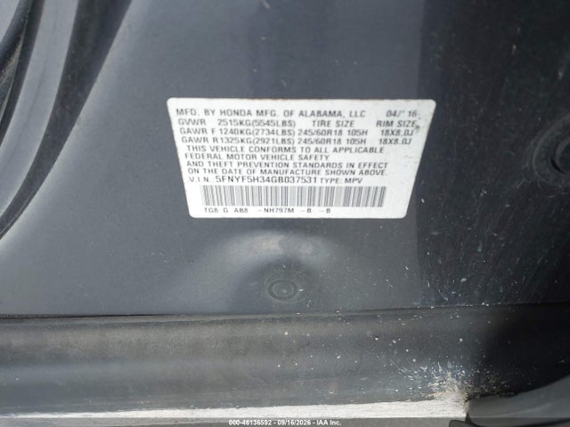 2016 Honda Pilot Ex მანქანა იყიდება აუქციონზე, vin: 5FNYF5H34GB037531, აუქციონის ნომერი: 46136592