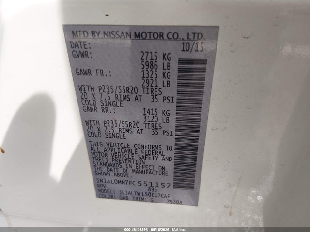 Aukcja sprzedaży 2015 Infiniti Qx60, vin: 5N1AL0MN7FC551157, numer aukcji: 46136598