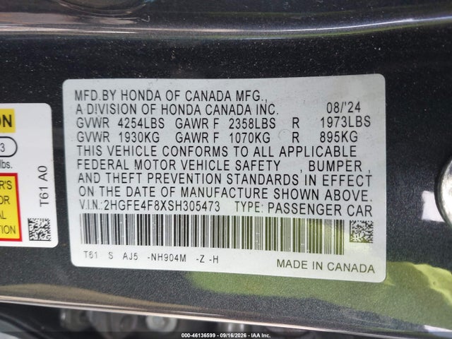 Продаж на аукціоні авто 2025 Honda Civic Hybrid Sport/sport Touring, vin: 2HGFE4F8XSH305473, номер лоту: 46136599
