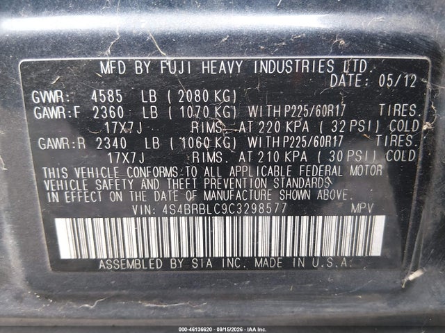 Продаж на аукціоні авто 2012 Subaru Outback 2.5i Limited, vin: 4S4BRBLC9C3298577, номер лоту: 46136620
