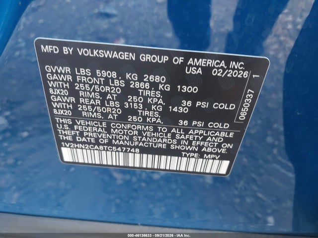 Продаж на аукціоні авто 2026 Volkswagen Atlas Se With Technology, vin: 1V2HN2CA8TC547748, номер лоту: 46136633