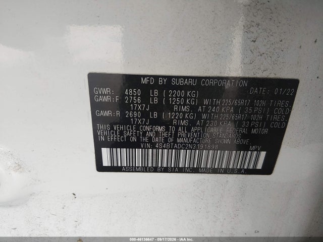 Продажа на аукционе авто 2022 Subaru Outback Premium, vin: 4S4BTADC2N3191898, номер лота: 46136647