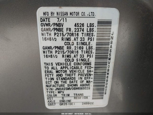 Продажа на аукционе авто 2011 Nissan Rogue S, vin: JN8AS5MV0BW690029, номер лота: 46136657
