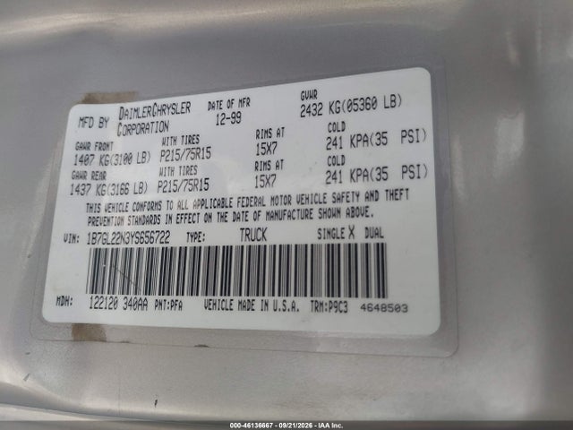 46136667 :رقم المزاد ، 1B7GL22N3YS656722 vin ، 2000 Dodge Dakota Slt/sport مزاد بيع